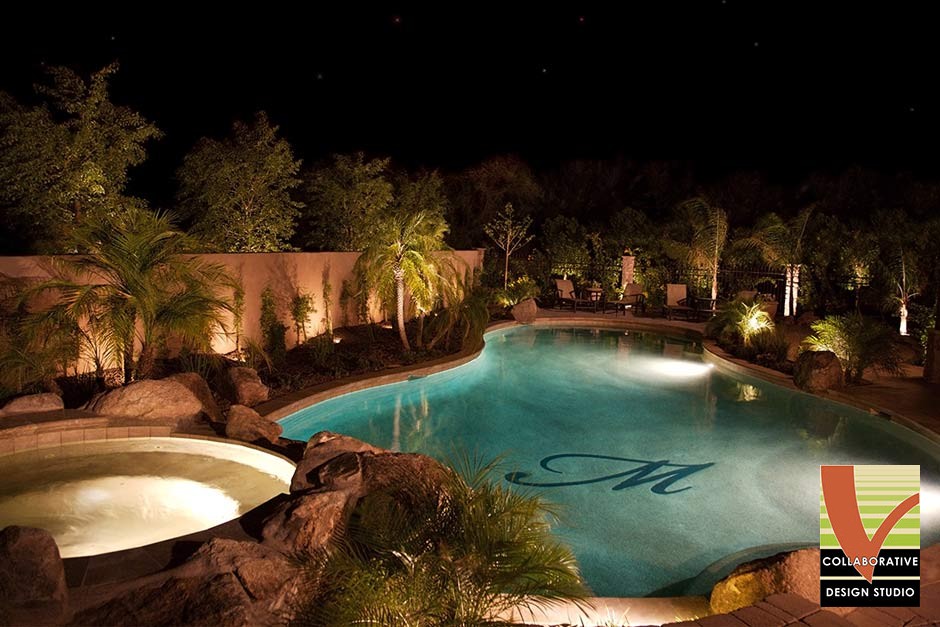 Luxury Home Pool at Night with UpLighting